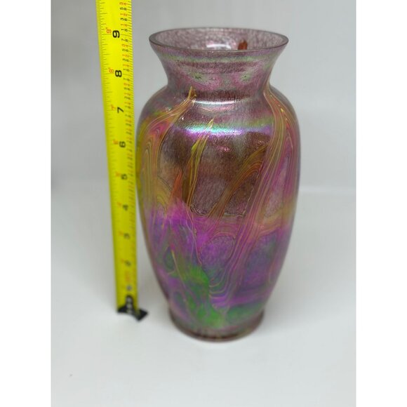 VTG Iridescent Favrile Red Luster Art Glass Vase 9" Tall Made in Taiwan Colorful - Picture 2 of 5